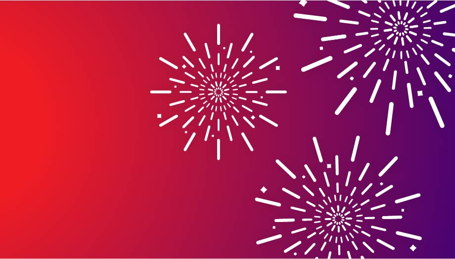 Pink and purple graphic of three fireworks